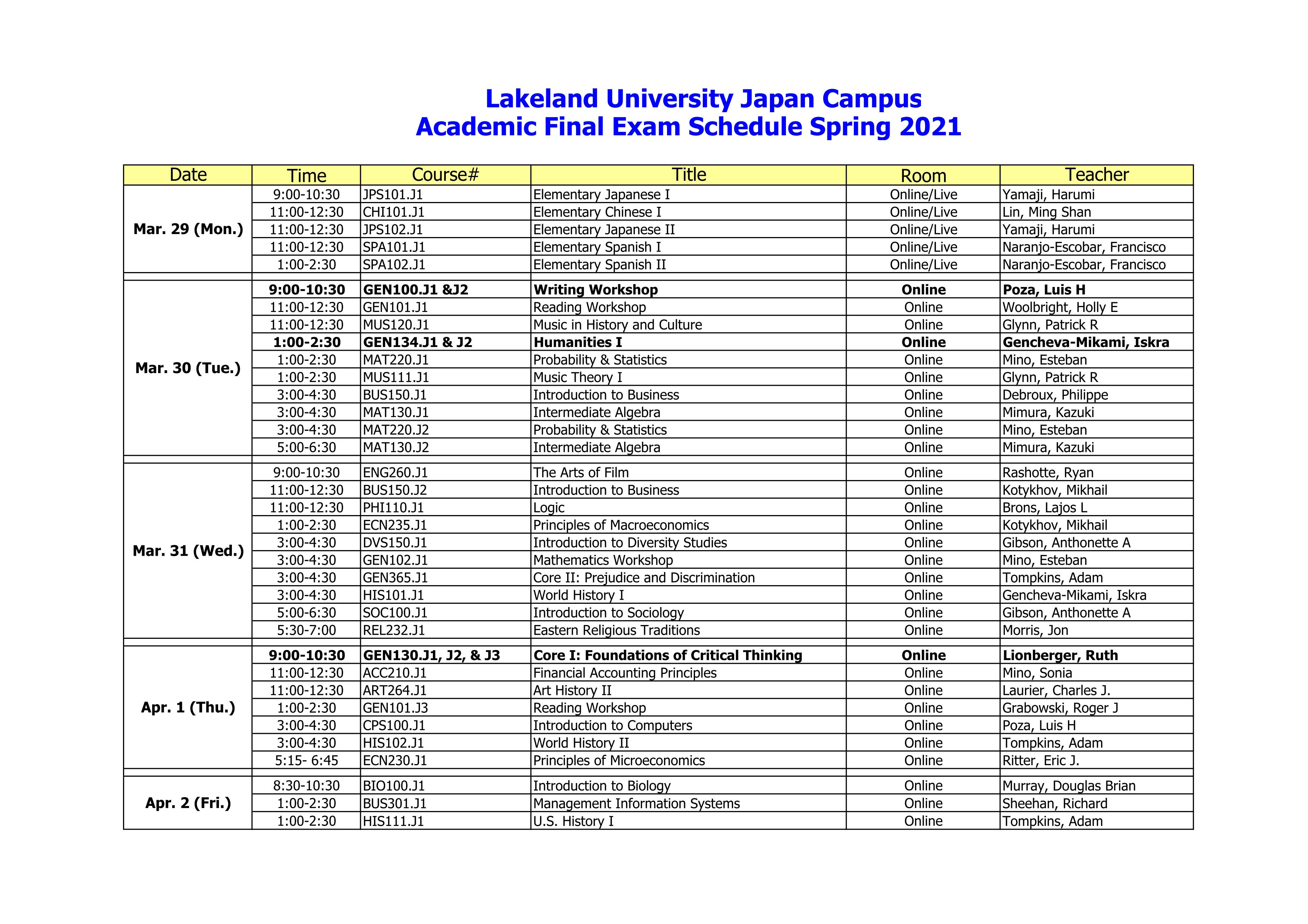 Ku Academic Calendar Spring 2022 Spring 2021 Final Exam Schedule - Lakeland University